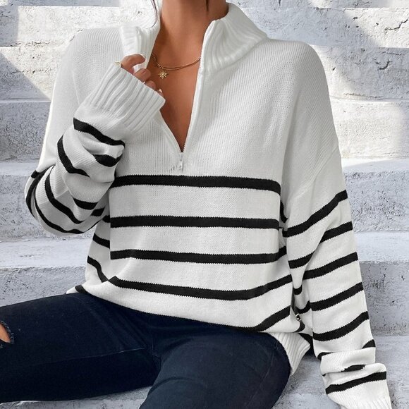 . Sweaters - White Casual Womens Stripe Pattern Half Zipper Drop Shoulder Sweater